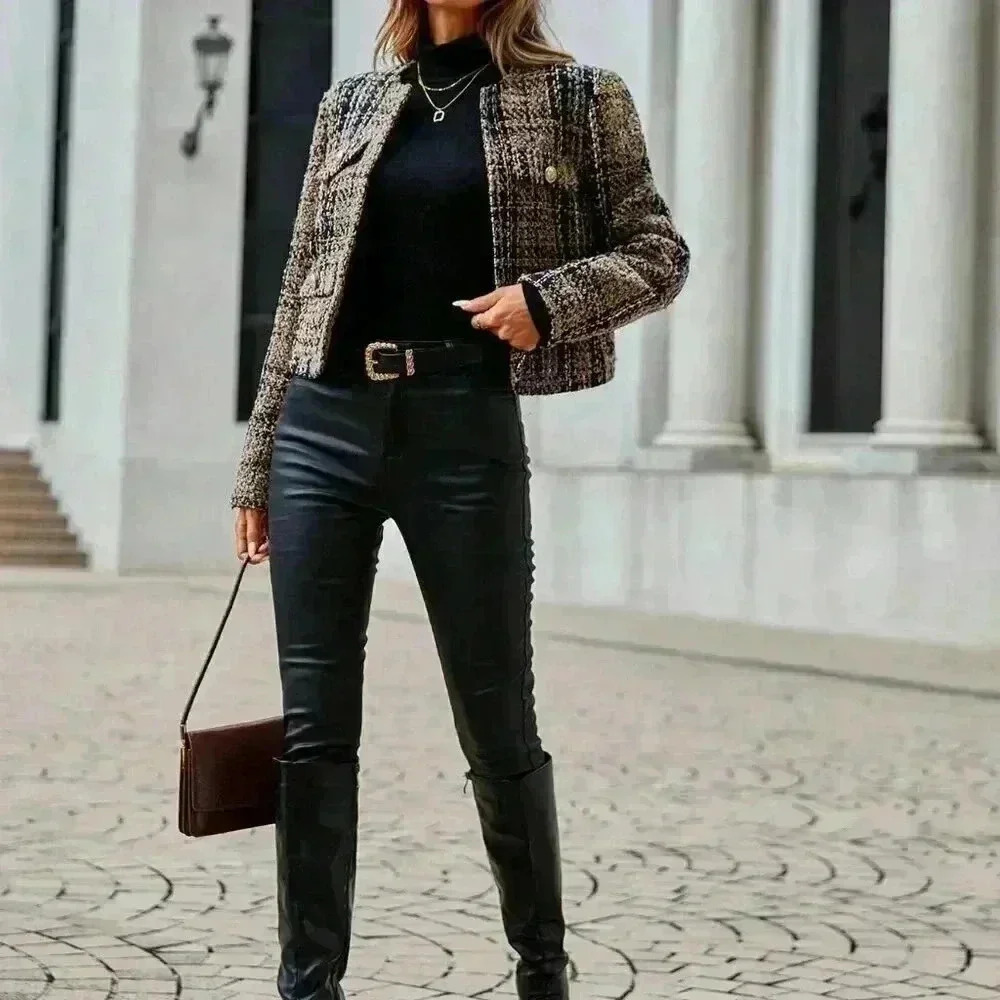 Multicolor Elegant Women's Plaid Pattern Flap Pocket Open Front Tweed Overcoat